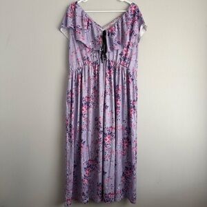 XXL purple floral maxi dress - 1xl short cap sleeves XL 1x midi boho cottagecore